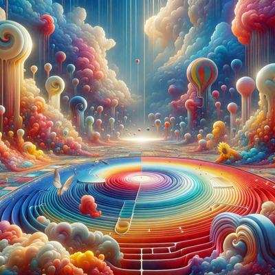 The primary subject of the image is a colorful, whimsical scene featuring a variety of balloons and clouds. The setting is a vibrant, imaginative world with a backdrop of clouds and a sky filled with colorful balloons. The visual style is a mix of digital art and illustration, creating a lively and playful atmosphere. The dominant colors are a mix of bright, warm hues, such as red, orange, yellow, and pink, which contribute to the overall cheerful and u